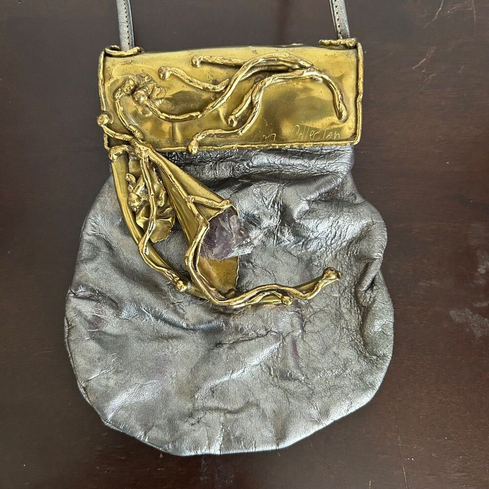 Copa Collection Vintage Brutalist Purse Brass Amethyst Metallic Leather Crossbod